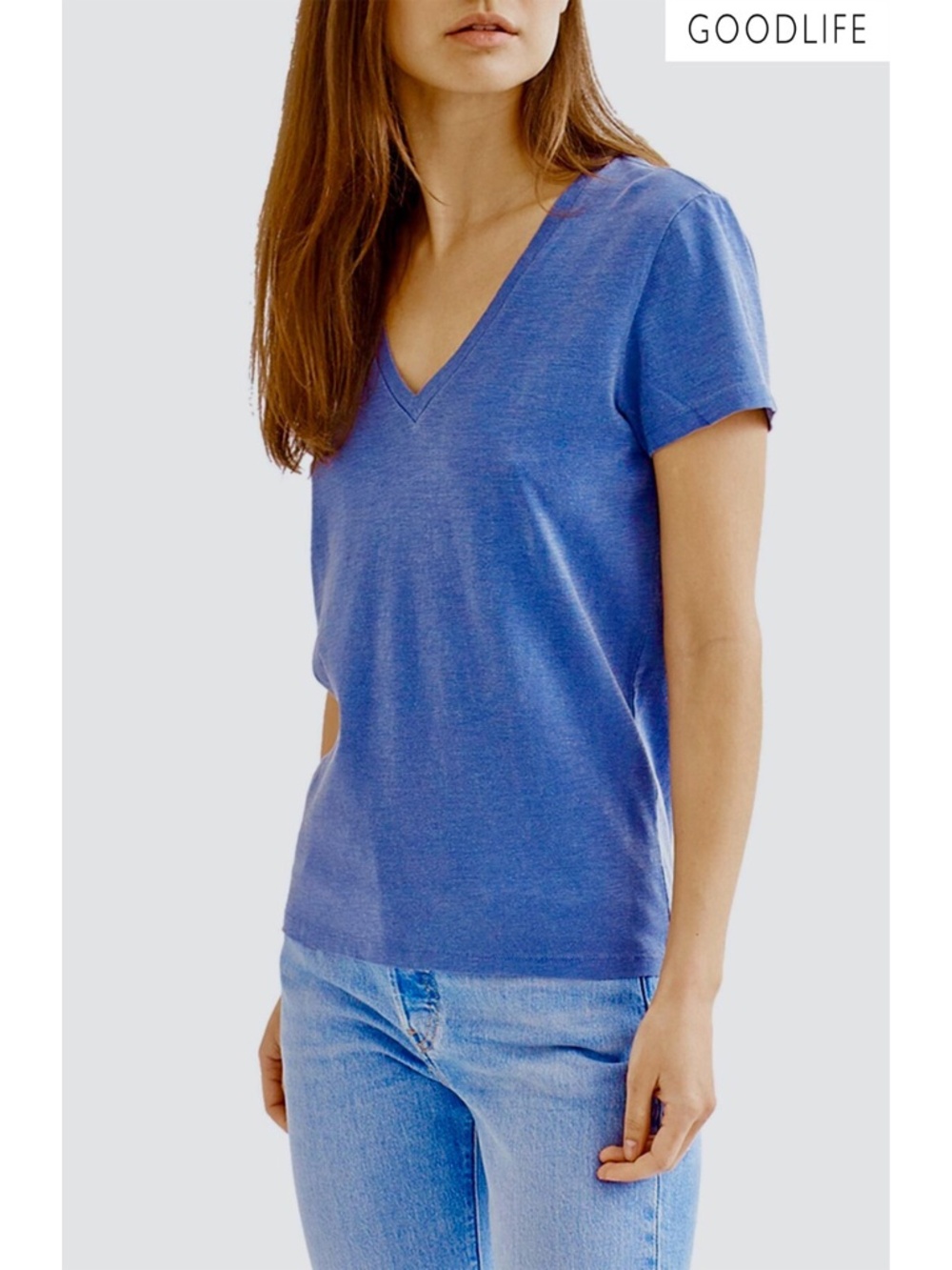 GOODLIFE WOMEN'S V-NECK S/S SUN-FADED LAPIS BLUE T-SHIRT. MADE IN USA. SIZE M